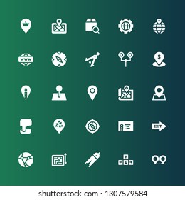 location icon set. Collection of 25 filled location icons included Location, Direction, Compass, Navigation, Network, Exit, Business card, Placeholder, Position, Pin, Map, Road sign