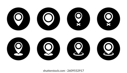 Location icon set collection on black circle. Map pointer, address sign symbol