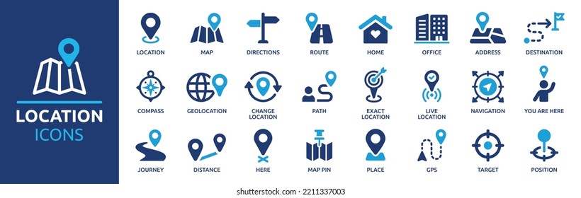Conjunto de iconos de ubicación. Conteniendo los iconos de mapa, mapa de posición, gps, destino, direcciones, distancia, lugar, navegación y dirección. Colección vectorial de iconos sólidos.