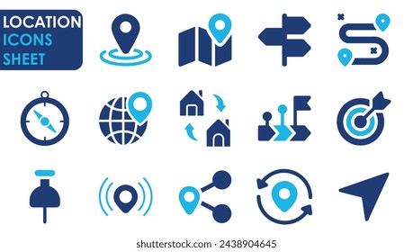 Location icon set. Containing map, map pin, gps, destination and so on. Location and navigation flat icons set.