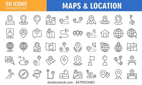 Conjunto de iconos de Locación. Conteniendo mapa, mapa pin, gps, destino, direcciones, distancia, lugar, navegación e iconos de Dirección. Colección de Vector de iconos sólidos.