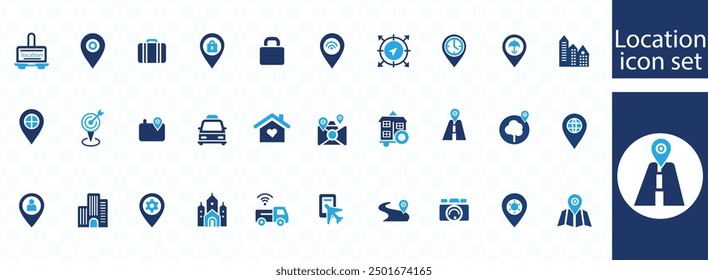 Location icon set. Containing map, map pin, gps, destination, directions, distance, place, navigation and address icons
