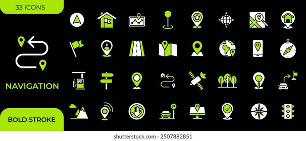 Location icon set. Containing map, map pin, gps, destination, directions, distance, place, navigation and address icons. Solid icons vector