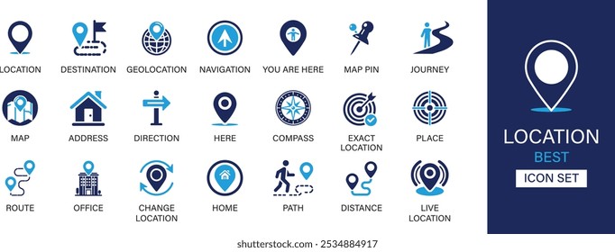 Conjunto de iconos de Locación. Contiene mapa, mapa pin, huecos, destino, direcciones, distancia, lugar, navegación e íconos de Dirección. Colección de Vector de iconos sólidos. 