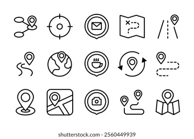 Location icon set. Containing map, map pin, gps, destination, directions, distance, place, navigation and address icons. Solid icons vector collection.