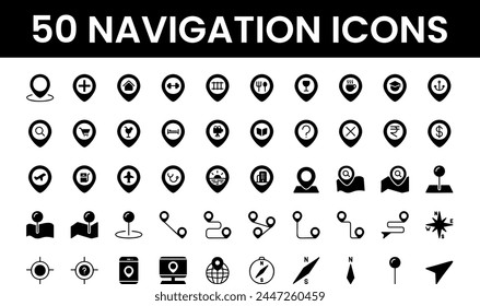 Location icon set. Containing maps, map pins, GPS, destination, directions, distance, places, navigation, routes and address icons. Solid fill icons vector collection.
