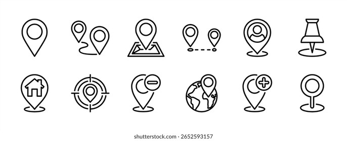 Location icon set. Contains map pin, route, GPS, distance, you are here, place marker, direction, target, house or home address, add, delete, pointer, position, geolocation. Vector illustration