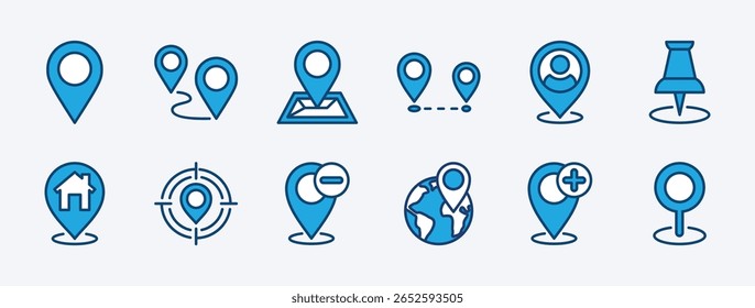 Conjunto de ícones de localização. Contém pino de mapa, rota, GPS, distância, você está aqui, marcador de lugar, direção, destino, casa ou endereço residencial, adicionar, excluir, ponteiro, posição, geolocalização. Ilustração vetorial