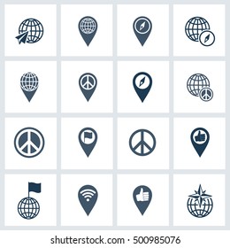 Location icon set. Design elements collection. Vector logo with a globe and the location.