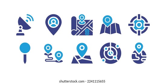 Location icon set. Duotone color. Vector illustration. Containing satellite, dish, user, location, pin, radar, geolocation.