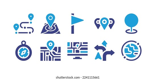 Location icon set. Duotone color. Vector illustration. Containing route, map, flag, pole, locations, compass.