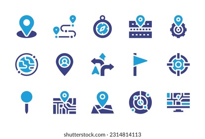 Location icon set. Duotone color. Vector illustration. Containing location, route, compass, road, gear, geolocation, user, direction, flag pole, target, location pin, street map, map, radar, gps.