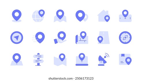 Location icon set. Duotone flat icons collection.