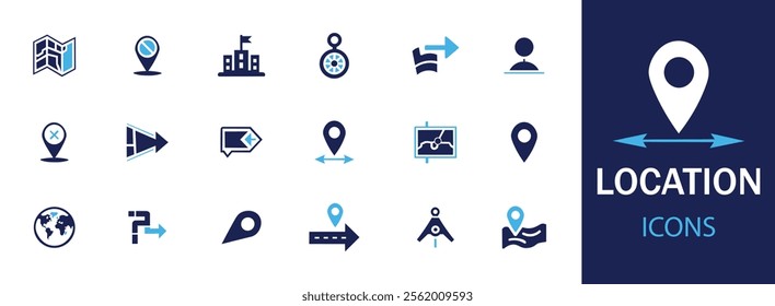 Location icon set. Featuring detailed illustrations of map, map pin, GPS ,destination, directions, distance, place, navigation and address icons. Cohesive set of scalable vector icons.