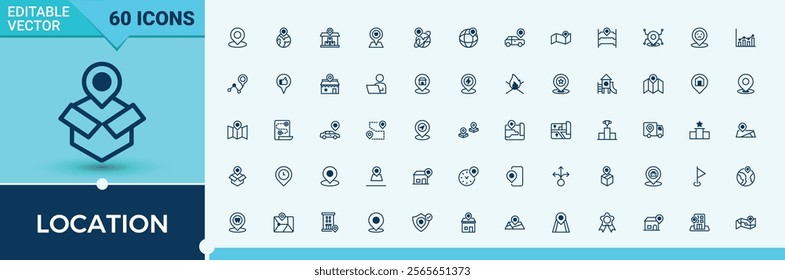 Location icon set. Featuring journey, geo, search, marker, off, web, travel, here. Thin outline icons pack. Vector outline and solid icons collection.