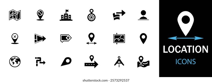 Location icon set. Featuring map, map pin, GPS ,destination, directions, distance, place, navigation and address icons. 
A well-organized collection of adaptable solid vector icons