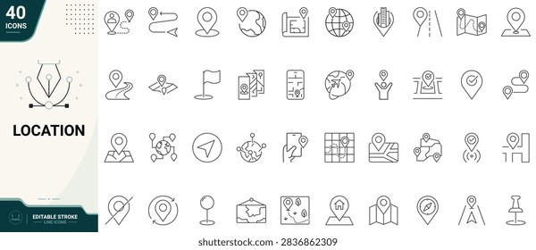 Location icon set featuring map, pin, navigation, address, destination, route, and GPS. Clean outline style, suitable for travel, navigation, location, and mapping projects. Editable stroke vector illustration.