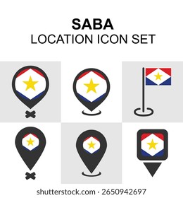 Location icon set featuring the unique flag and markers of Saba, ideal for Caribbean-themed designs.