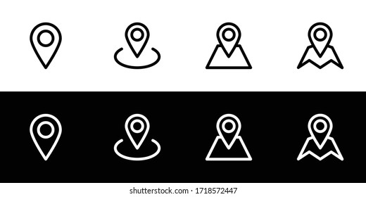 Location icon set. Flat design icon collection isolated on black and white background. 