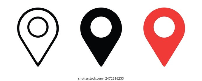 Location icon set. Flat icon set of location and map pins. Map pin place marker. Location pointer icon symbol in flat style. Position symbol. Point illustration sign collection.