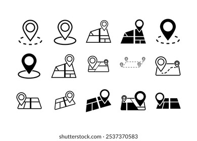 Conjunto de ícones de localização. Conjunto de ícones planos de localização e pinos do mapa. Marcador de lugar do pino do mapa. Símbolo de ícone de ponteiro de local em estilo simples. Símbolo de posição. Ilustração de ponto