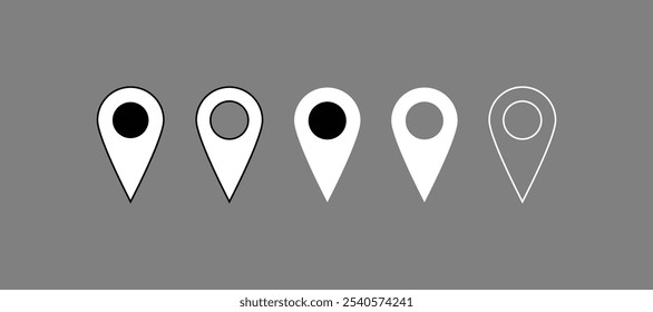 Conjunto de ícones de localização. Conjunto de ícones planos de localização e pinos do mapa. Marcador de lugar do pino do mapa. Símbolo de ícone de ponteiro de local em estilo simples. Símbolo de posição. Coleção de sinais de ilustração de ponto.