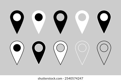 Conjunto de ícones de localização. Conjunto de ícones planos de localização e pinos do mapa. Marcador de lugar do pino do mapa. Símbolo de ícone de ponteiro de local em estilo simples. Símbolo de posição. Coleção de sinais de ilustração de ponto.