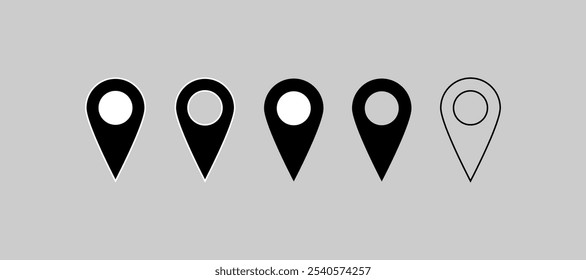 Conjunto de ícones de localização. Conjunto de ícones planos de localização e pinos do mapa. Marcador de lugar do pino do mapa. Símbolo de ícone de ponteiro de local em estilo simples. Símbolo de posição. Coleção de sinais de ilustração de ponto.