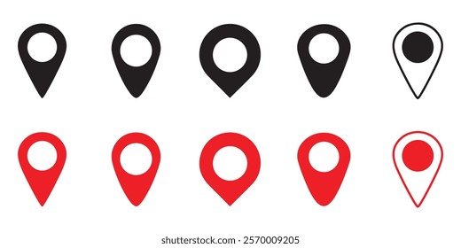 Location icon set. Flat icon set of location and map pins. Map pin place marker. Location pointer icon symbol in flat style. Position symbol. Point illustration sign collection.
