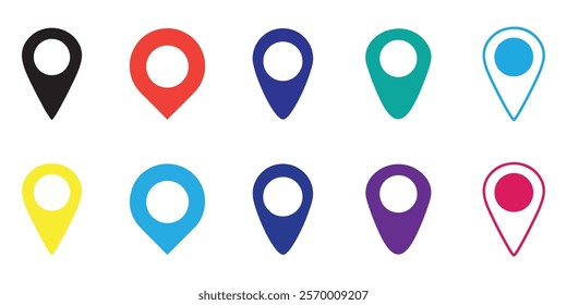 Location icon set. Flat icon set of location and map pins. Map pin place marker. Location pointer icon symbol in flat style. Position symbol. Point illustration sign collection.
