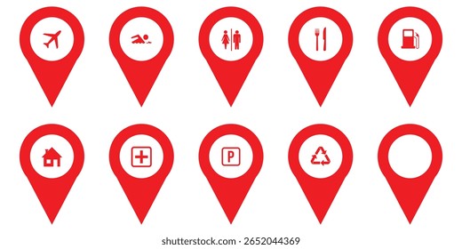 Location icon set. Flat icon set of location and map pins. Map pin place marker. Location pointer icon symbol in flat style. Position symbol. Point illustration sign collection. Map pin icon set. 