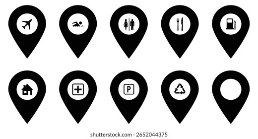 Location icon set. Flat icon set of location and map pins. Map pin place marker. Location pointer icon symbol in flat style. Position symbol. Point illustration sign collection. Map pin icon set. 