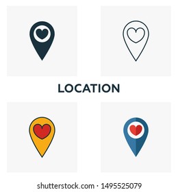Location icon set. Four elements in diferent styles from honeymoon icons collection. Creative location icons filled, outline, colored and flat symbols.