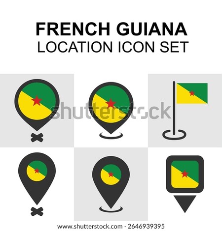 Location icon set of French Guiana flag in different pin and map marker styles, perfect for infographics, maps, or travel-related visuals.