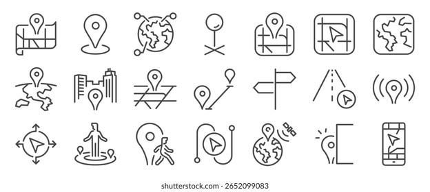 A Location icon set. It included map, map pin, gps, destination, hidden place, distance, address and more icons. Editable Vector Stroke.