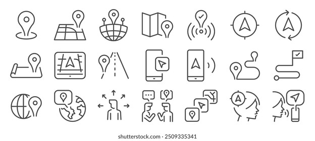 Conjunto de iconos de Locación. Incluía navegación, mapa, pin, navegador y más iconos. Trazo de Vector editable.
