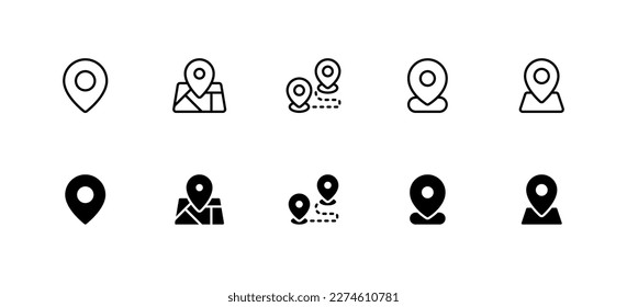 El conjunto de iconos de ubicación incluye símbolos simples y reconocibles en un estilo lineal y sólido, perfecto para transmitir información de ubicación en mapas, sitios web y aplicaciones móviles.