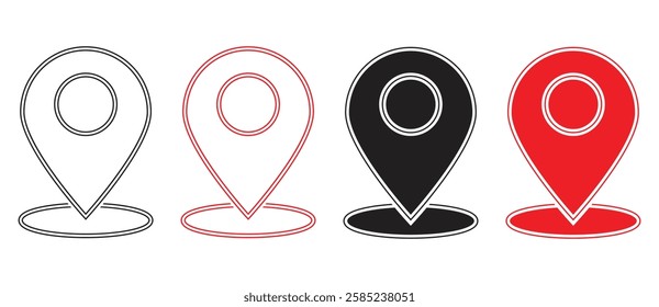 Location icon set isolated on white. Map pointer red black outline. Trendy modern map markers. Place address navigation location pointer. Pin sign symbol destination icon. GPS location symbol design 