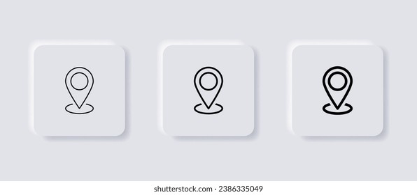 Juego de iconos de ubicación, Marcador de posición del pasador de mapa. símbolo de icono del puntero de ubicación en estilo plano. Icono de la línea del pasador de ubicación, signo de navegación. botones de neumorfismo. estilo neumórfico