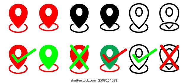 Conjunto de iconos de Locación, marcador de lugar de pin de mapa. símbolo de icono de puntero de ubicación en estilo plano. Icono de pin de Locación roja,
