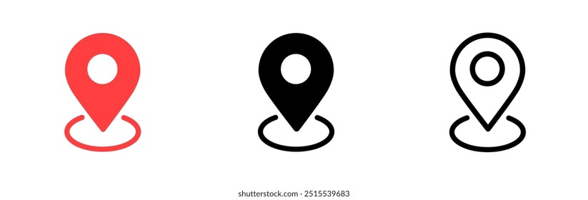 Location icon set. Map pin pointer. Place marker symbol in flat style. Red and black simple navigation pin signs.