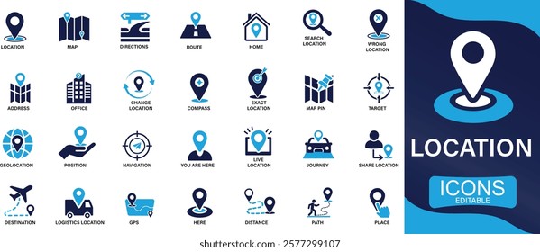 Location icon set map, map pin, gaps, destination, directions, distance, place, navigation, address. You can easily change the color.