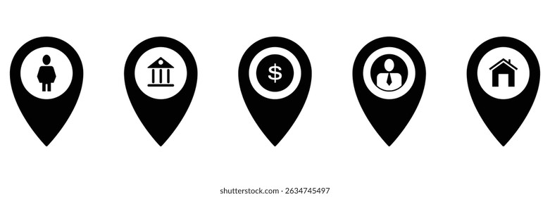 Conjunto de iconos de Locación, marcador de lugar de pin de mapa. Icono de Locación. Conjunto de iconos de puntero de marcador de mapa. Símbolo de ubicación GPS colección. Marcadores de mapas modernos. Ilustración vectorial.
