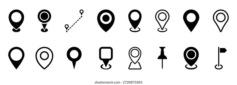 Conjunto de iconos de Locación, marcador de lugar de pin de mapa. Símbolo de icono de puntero de Locación en estilo plano. Conjunto de iconos de pin de mapa de Locación. Moderna colección de marcador de mapa.