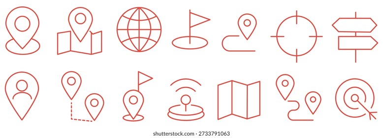 Location icon set with map, pin, navigation, distance, direction and address symbols in solid vector style.