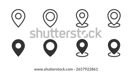 Location icon set. Map pin marker vector illustration. Used for marking positions and destinations symbol. Navigation and travel guide sign. GPS positioning and route planning pictogram.
