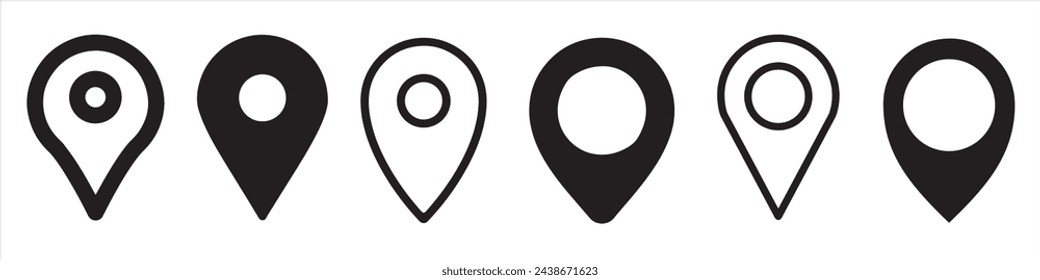 Location icon set. Set of map pointers. Destination icon. Place position vector symbol. Gps map pin line icon. Navigation pointer pin sign for apps and websites.