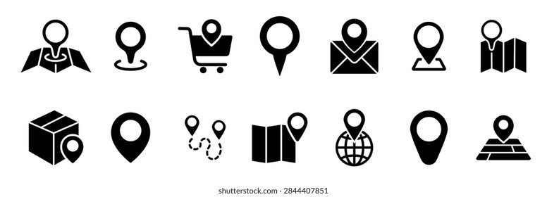 Location icon set. Navigation, geolocation, map, map pin, gps, path, route, distance, destination, directions, street, road. Vector illustration.