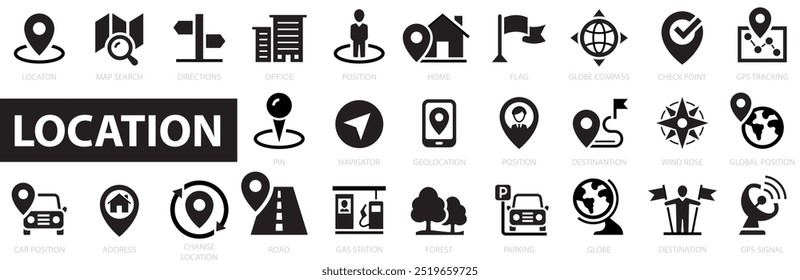 Location icon set. Navigation, location, GPS elements and more. Map, directions, distance, place, navigation, address, geolocation, position, destination and more icons.