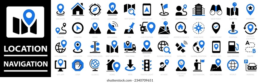 Conjunto de iconos de ubicación. Iconos de navegación. Elementos GPS. Mapa, alfiler, gps, destino, direcciones, distancia, lugar, navegación, dirección y más. Ilustración vectorial.